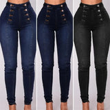 DERMEARNE Women High Waist Pencil Jeans Double-breasted Button Fly Denim Pants Skinny Hip Lifting Long Trousers Lady Sexy Bodycon Jeans