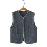 DERMEARNE 2025 Spring Summer Plus Size Women's Tweed Round Neck Vest with Frayed Hem Design, Retro Style Waistcoat Jacket 8283