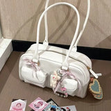 Retro White Bowling Bag Purse Women Hot Girls Leather Pocket Chic Casual Handbag Female Vintage Shoulder Bags Aesthetic