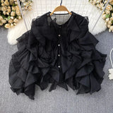 DERMEARNE French Style Loose-Fit Women's Blouse With Button Casual Long Sleeve Top For Spring And Autumn Round Neck Irregular Leaf Pattern