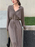 Sweater Dress for Women Autumn Winter Mid Length Underlay Outwear Over Knee Drawstring Waist Elegant Knit Dress Women's Clothing