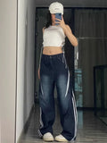 Vintage Striped Blue Jeans Women Y2k Baggy Streetwear Hip Hop Style Denim Trousers Oversized Patchwork Jeans Techwear
