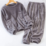 Women's Flannel Warm Home Sleepwear Sets Solid Color Round Neck Fleece Thick Pullover Lady Pajamas Long Sleeve Pants Casual 2Pcs