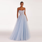 Xijun Dubai Sky Blue Tulle Evening Dresses Strapless Sleeveless Pleat Ruched Saudi Arabic Women Formal Party Prom Gown 2023