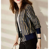 DERMEARNE Autumn Fashion Trend Stripe Round Neck Combed Cotton Short Jacket Versatile  Reducing Age and Slimming Women's Baseball Coat