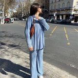 wsevypo Women Pleated 2 Piece Pants Sets Spring Summer Streetwear Long Sleeve Button Down Shirt+Straight-Leg Pants Loose Outfits