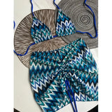 DERMEARNE Knitbikini Set Of Three Sexy Striped Swimwear Middle Age Polyester Fiber Beach Style Printed Knitted Bikini