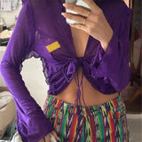 wsevypo Tie-Dye Print Ruffle Trim Tie-Up Cardigans Women Long Sleeve Shirts Spring Summer V-Neck Swimsuit Cover-Up Tops