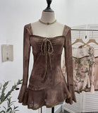 DERMEARNE Women's Retro Chic French Square Neck Lace-Up Bell Sleeve Long Sleeve Top Personalized Smudged Print Irregular Hem Sweety Shirt