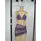 DERMEARNE Knitbikini Set Of Three Sexy Striped Swimwear Middle Age Polyester Fiber Beach Style Printed Knitted Bikini