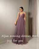 Xijun Elegant Tulle Evening Dresses Sleeveless V-Neck Spaghetti Strap A-Line Pleat Ruched Saudi Arabic Prom Dress Celebrity Gown