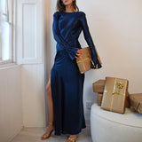 DERMEARNE White Satin Long Sleeved Slim Evening Dress Sexy Hollow Out Backless Mermaid Robe Dress New Autumn Women O Neck Fashion Dresses