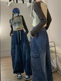 Vintage Blue Cargo Jeans Women Baggy Denim Pants Oversized Y2K Grunge Hip Hop Streetwear Harajuku Casual Wide Leg Trousers