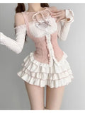 Elegant Women's Set Knitted 3 Piece Tutu Skirts Sets Y2k Crop Tops Blouse + Mini Skirts Lolita Dress Sets New In Matching Set