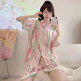 Strip Print Sleepwear Women Pajama Sets Korean Fashion Summer Piiama 2 Pieces Night Wears for Sleeping Student Cute Home Suit