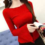 DERMEARNE 2025 New Spring and Autumn Fashion Simple Solid Elastic Slim Fit Wooden Ear Edge One Line Neck Flare Sleeve Knit Underlay Shirt