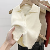 DERMEARNE Summer Chic Ice Silk Knitpolo Lapel Thin Slims You And Smooths Your Silhouette Tank Outer Wear Vest Women's Shoulder Vest No Sle