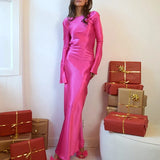 DERMEARNE White Satin Long Sleeved Slim Evening Dress Sexy Hollow Out Backless Mermaid Robe Dress New Autumn Women O Neck Fashion Dresses