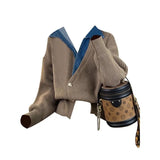 DERMEARNE Fall Winter Women Old Money Design Vintage Denim Patchwork Fake Two Pieces Cardigan Tops Long Sleeve Cropped Sweaters Outwear