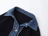 Spring and Autumn New cardigan sweater women's Korean  loose denim patchwork knitted jacket Polo collar top