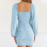 DERMEARNE Mandylandy Long-Sleeve Sheath Mini Dress Blue Flat-Fitting Collar Sexy Dress Solid Color High Waist Slim Fit Bodycon Dresses