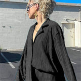 wsevypo Women Pleated 2 Piece Pants Sets Spring Summer Streetwear Long Sleeve Button Down Shirt+Straight-Leg Pants Loose Outfits