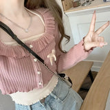 Kawail Cropped Knitted Cardigan Bow Slim Sweater Japanese Fashion Women's Aesthetic Knitwear Spring Cute Sweet Preppy