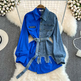 DERMEARNE Women Shirt Denim Splice Full Sleeve Single Breasted T Shirts Turn Down Collar Irregular Midi Blouses Belt Ladies Autumn