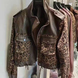 DERMEARNE Women's Fashion PU Leather Stitching Leopard Temperament Coat Women's Spring Autumn New Short Coat Casual Loose zipper Top Women