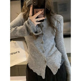 DERMEARNE Y2k Grey Vintage Women Kint Sweater Harajuku Long Sleeve Cardigan Irregular Korean Fashion Slim Autumn Jerseys Casual