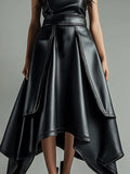 DERMEARNE 2025 New Women's PU Leather Skirt Fashion Office Ladies Layered Irregular Hem High Waist Slim Maxi Length Women's Skirts Female