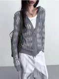 Zip Up Hooded Cardigan Women Japanese Y2k Style Hollow Crop Sweater Vintage Gray Thin Knitted Long Sleev Tops