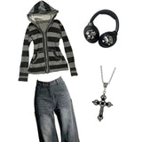 DERMEARNE Punk striped pattern cardigan Hoodie high street retro Y2K tops rock aesthetic casual fashion urban Harajuku Yabi women's Hoodie