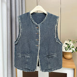 DERMEARNE 2025 Spring Summer Plus Size Women's Tweed Round Neck Vest with Frayed Hem Design, Retro Style Waistcoat Jacket 8283