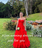 Xijun Red Tiered Ruffles Tulle Evening Dresses Sweetheart Sleeveless A-Line Pleat Ruched Party Prom Gowns vestidos de festa