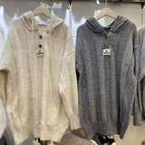 Hooded Retro Women Sweater Harajuku Korean Fashion Drawstring Kintted Pullovers Loose Solid Color Autumn Winter Casual