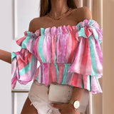 DERMEARNE Off Shoulder Summer Ladies Multi-layer Top Colorful Pleated Autumn Blouse Fashion Women Ruffles Long Sleeve Shirt for Beach