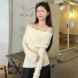 Off Shoulder Women Sweater Harajuku Butterfly Elegant Korean Fashion Knitted Pullovers Autumn Slim Gyaru Sexy Aesthetic