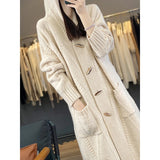 Autumn And Winter New Cashmere Cardigan Women's 100% Pure Wool Coat Loose Hooded Long Horn Button Knitted Sweater
