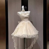 DERMEARNE French Style Vintage Puffy Women Dress Lolita Y2k Cute Bow Slim Waist Strap Evening Dress Fashion Elegant Princess Party Outfits