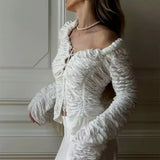 DERMEARNE Tuularose White V Neck Lace Up Top Women's Sexy Hollow Solid Cardigan Casual Gathered Long Sleeve Top Female Shirt Party Outfits