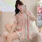 Strip Print Sleepwear Women Pajama Sets Korean Fashion Summer Piiama 2 Pieces Night Wears for Sleeping Student Cute Home Suit