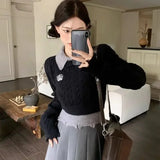 Preppy Style Pullovers Women Vintage Knitted Sweater Korean Style Elegant Autumn Winter Aesthetics Patchwork Sweaters