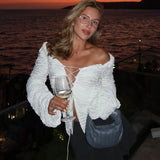 DERMEARNE Tuularose White V Neck Lace Up Top Women's Sexy Hollow Solid Cardigan Casual Gathered Long Sleeve Top Female Shirt Party Outfits