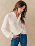 Women Knitted Sweater Ladies Single-Breasted Petal Trim Hollow Out Cardigan Female Soft Knitwear Top Autumn Winter