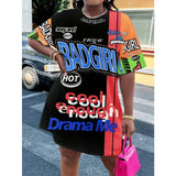 DERMEARNE Summer Women's New Plus Size Outdoor Casual Cartoon BADGIRL Full Printed English Pattern Comfortable Loose Long T-shirt