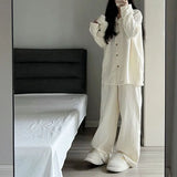 Korean Sleepwear Women Pajama Sets Solid Color Piiama Ruffles Pants Sets for Women 2 Pieces Autumn Night Wears Button Home Suit