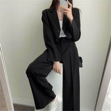 Women Cropped Blazers Pants Two-piece Set Korean Fashion Button Up Suit Jacket Wide Leg Pants Set Casual Lady Blazer Coat Set