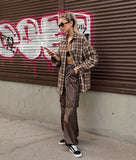 DERMEARNE Spring Autumn Vintage Plaid Checkered Shirt Women's Long Sleeve Blouse Loose Single Breasted Casual Shirt