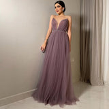 Xijun Elegant Tulle Evening Dresses Sleeveless V-Neck Spaghetti Strap A-Line Pleat Ruched Saudi Arabic Prom Dress Celebrity Gown